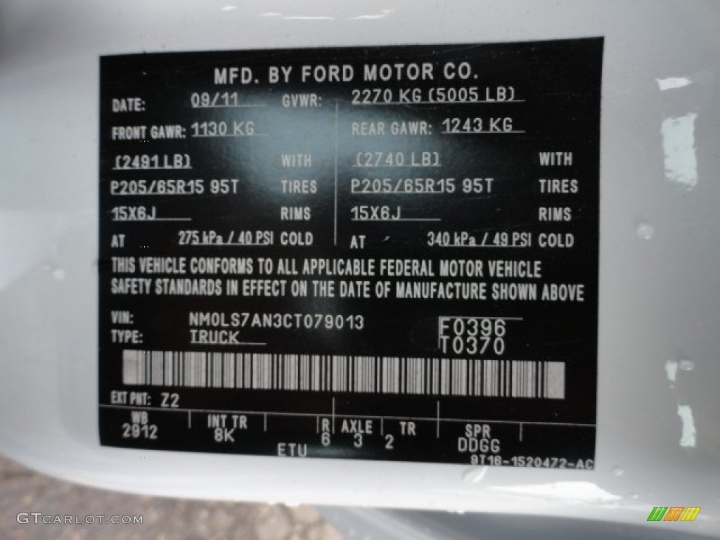 2012 Transit Connect Color Code Z2 for Frozen White Photo #57204739
