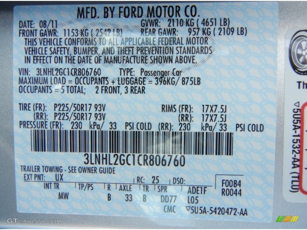 2012 MKZ Color Code UX for Ingot Silver Metallic Photo #57231368