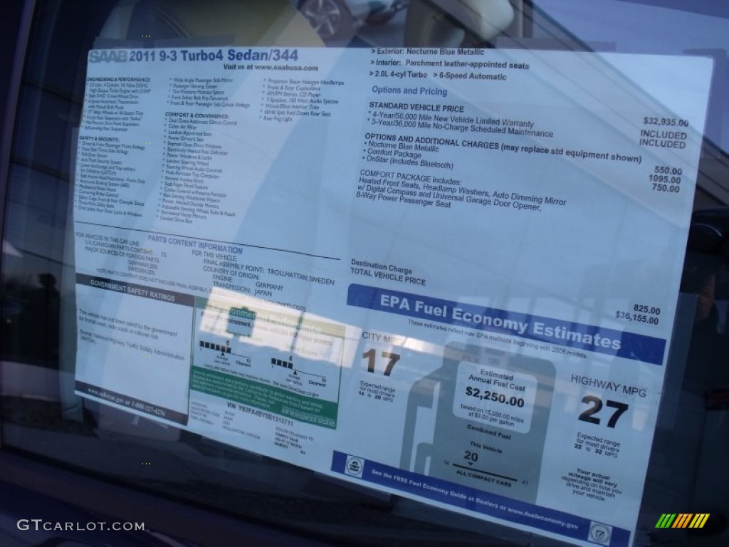 2011 Saab 9-3 2.0T Sport Sedan XWD Window Sticker Photo #57231797