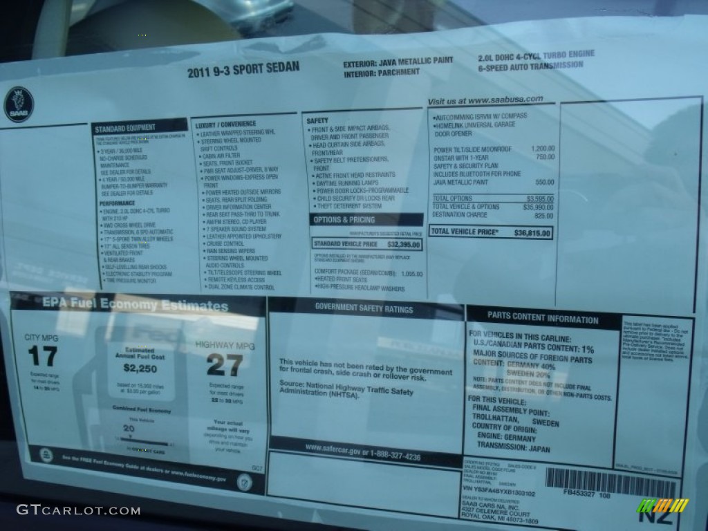2011 Saab 9-3 2.0T Sport Sedan XWD Window Sticker Photo #57231905