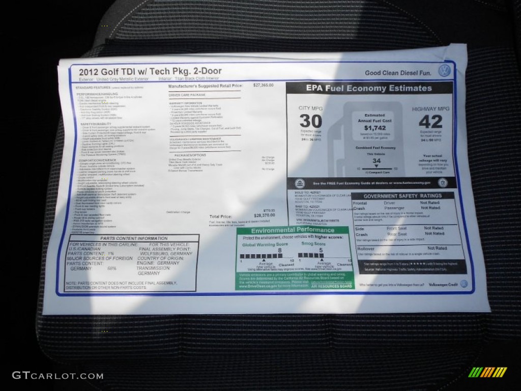 2012 Volkswagen Golf 2 Door TDI Window Sticker Photo #57233336
