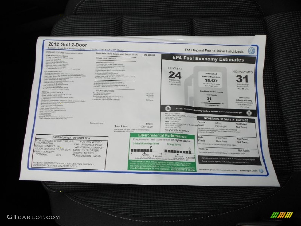 2012 Volkswagen Golf 2 Door Window Sticker Photo #57233543