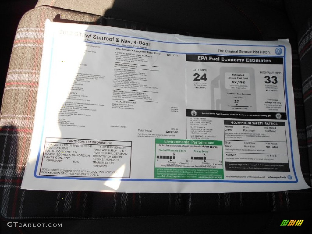 2012 Volkswagen GTI 4 Door Window Sticker Photo #57233957