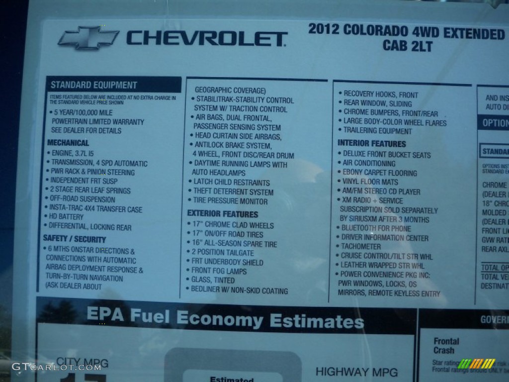 2012 Chevrolet Colorado LT Extended Cab 4x4 Window Sticker Photo #57240563