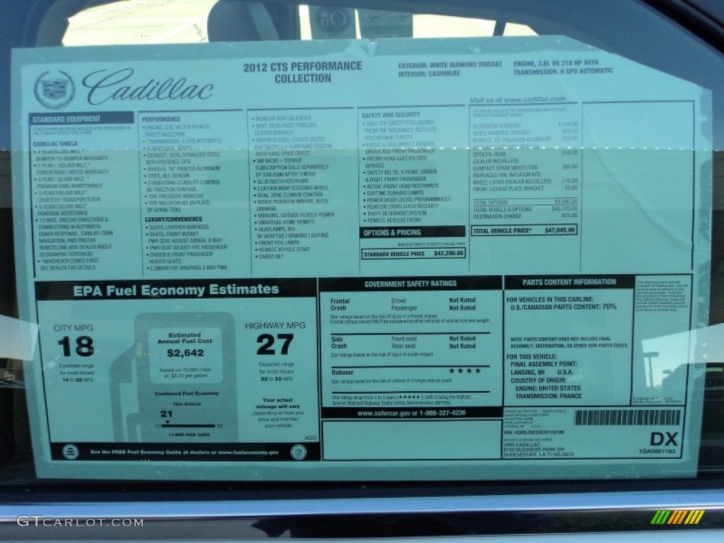 2012 Cadillac CTS 3.6 Sedan Window Sticker Photo #57254189