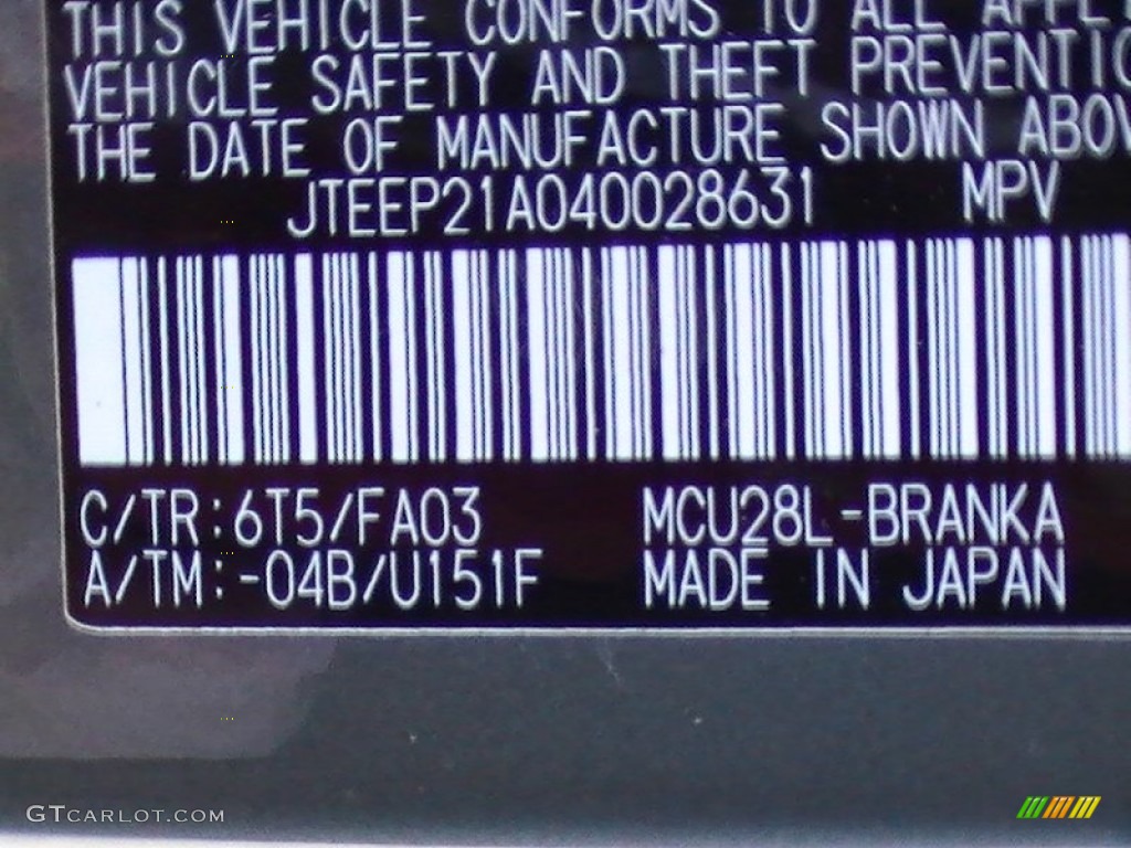 2004 Highlander Color Code 6T5 for Oasis Green Pearl Photo #57278822