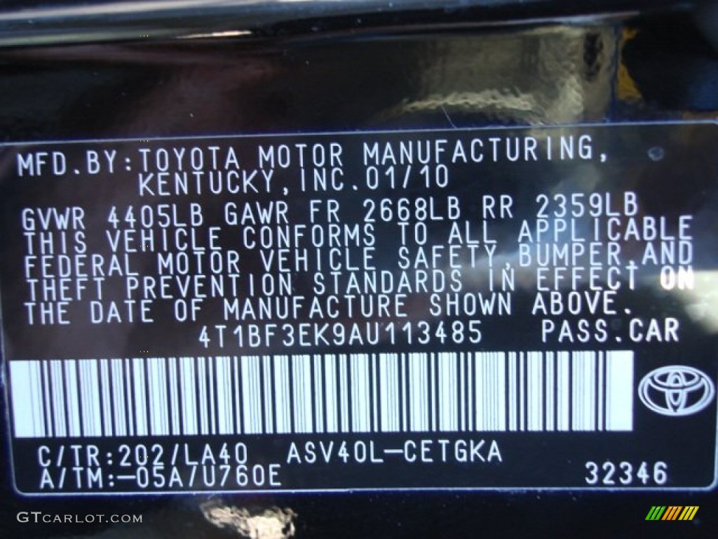 2010 Camry Color Code 202 for Black Photo #57283045