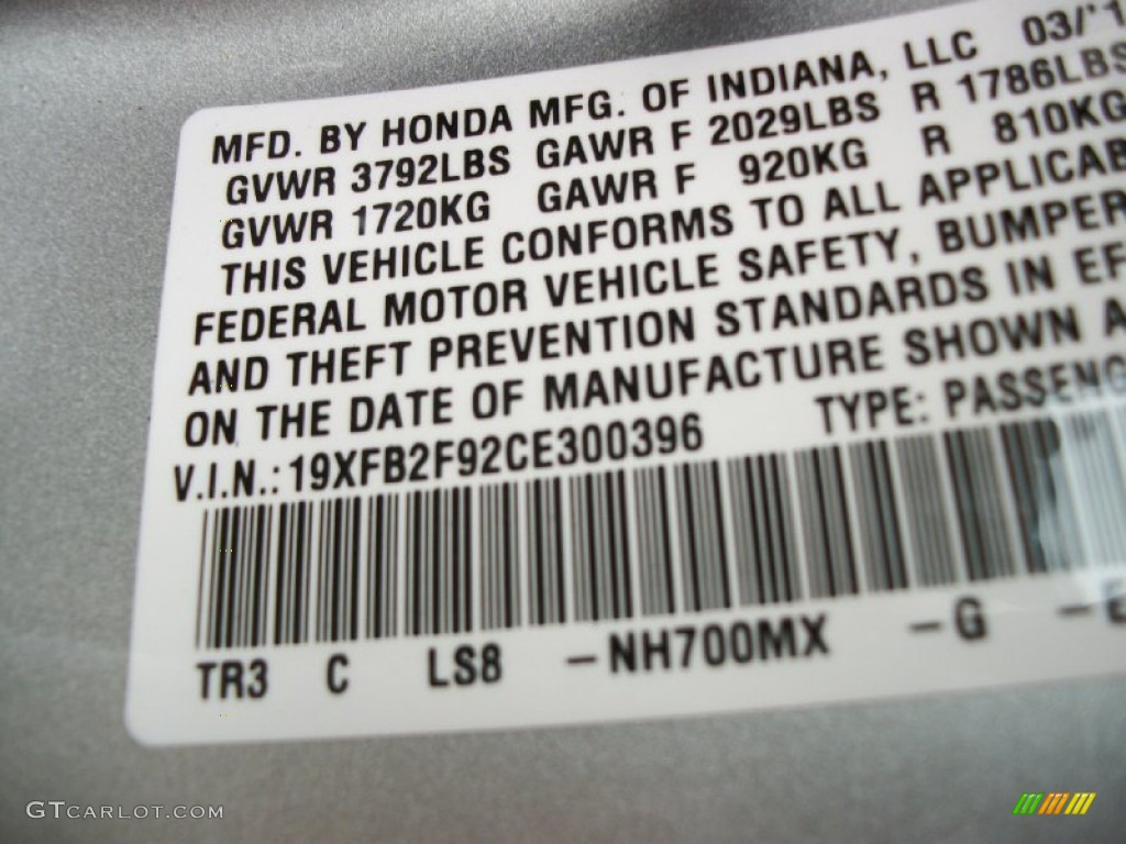 2012 Civic Color Code NH700MX for Alabaster Silver Metallic Photo #57284280