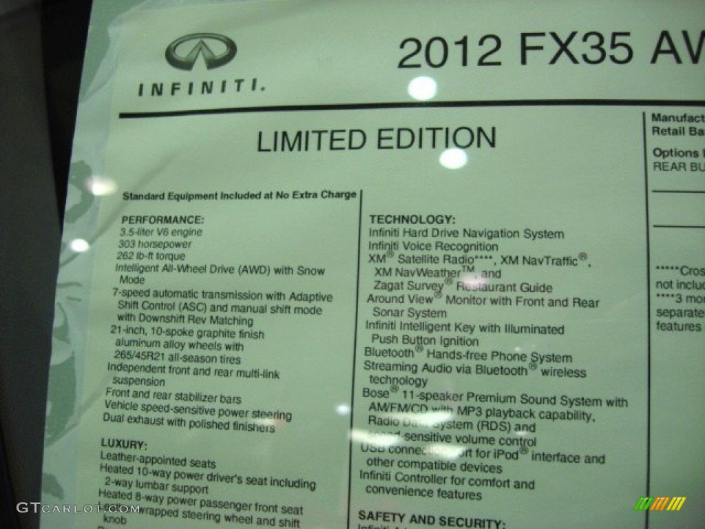 2012 Infiniti FX 35 AWD Limited Edition Window Sticker Photo #57287526