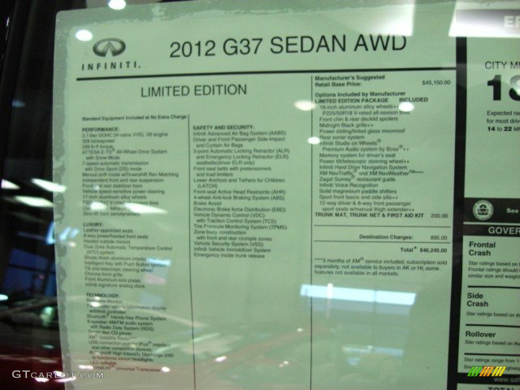 2012 Infiniti G 37 x S Sport AWD Sedan Window Sticker Photo #57287790