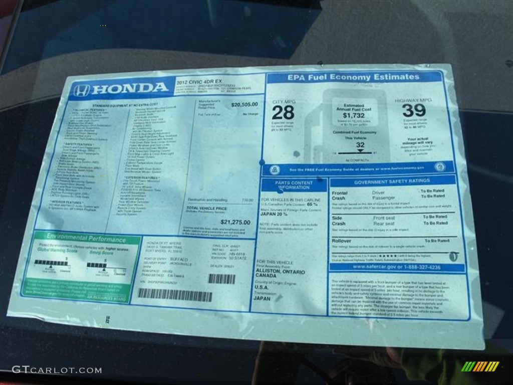 2012 Honda Civic EX Sedan Window Sticker Photo #57288973