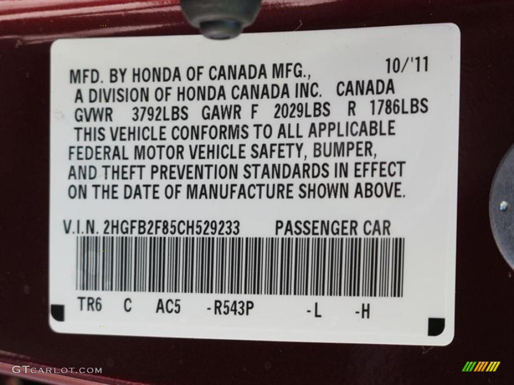 2012 Civic Color Code R543P for Crimson Pearl Photo #57288987