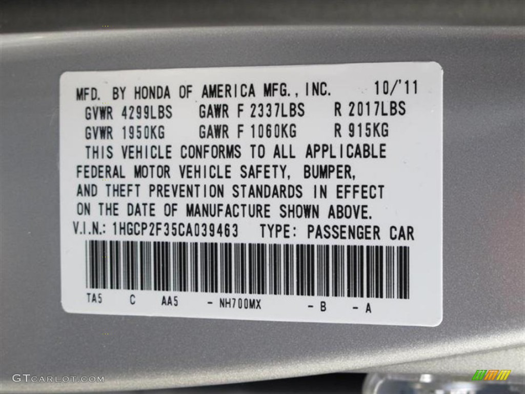 2012 Accord Color Code NH700MX for Alabaster Silver Metallic Photo #57290133