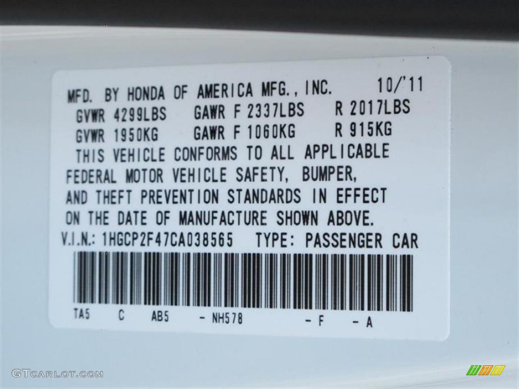 2012 Accord Color Code NH578 for Taffeta White Photo #57290223