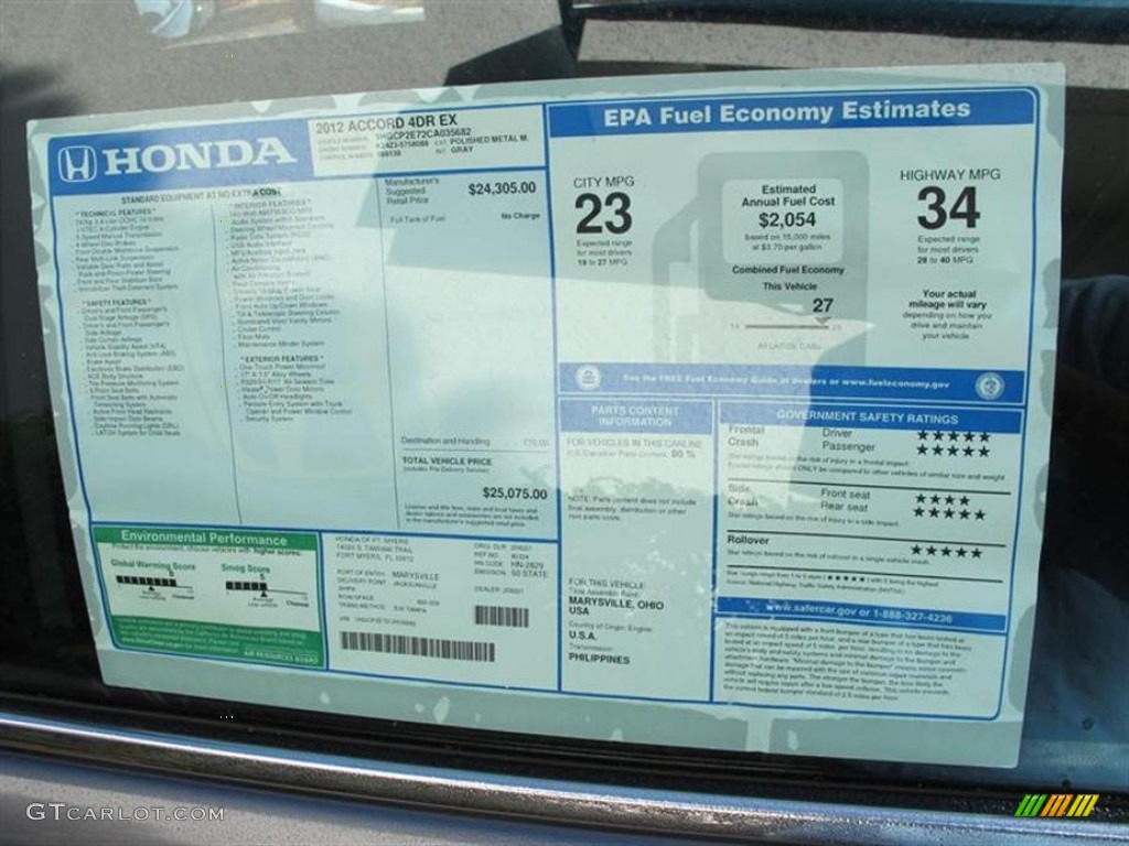 2012 Honda Accord EX Sedan Window Sticker Photo #57290304