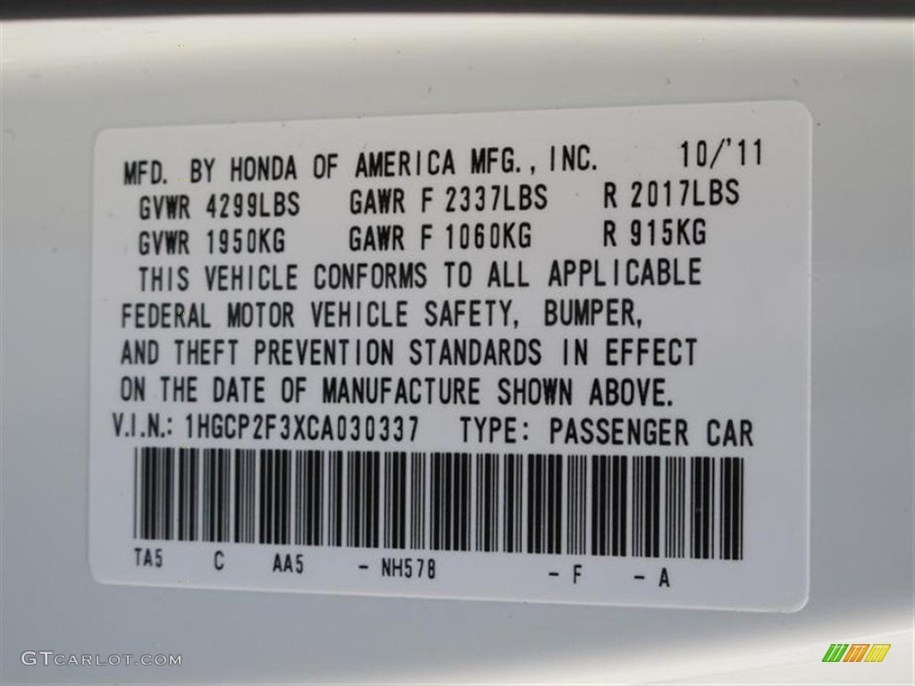 2012 Accord Color Code NH578 for Taffeta White Photo #57290406