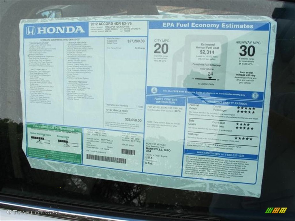 2012 Honda Accord EX V6 Sedan Window Sticker Photo #57290493