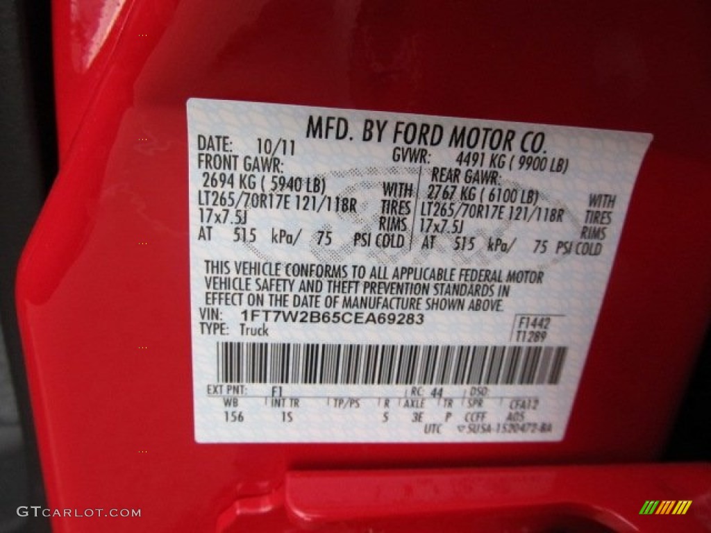 2012 F250 Super Duty Color Code F1 for Vermillion Red Photo #57297210