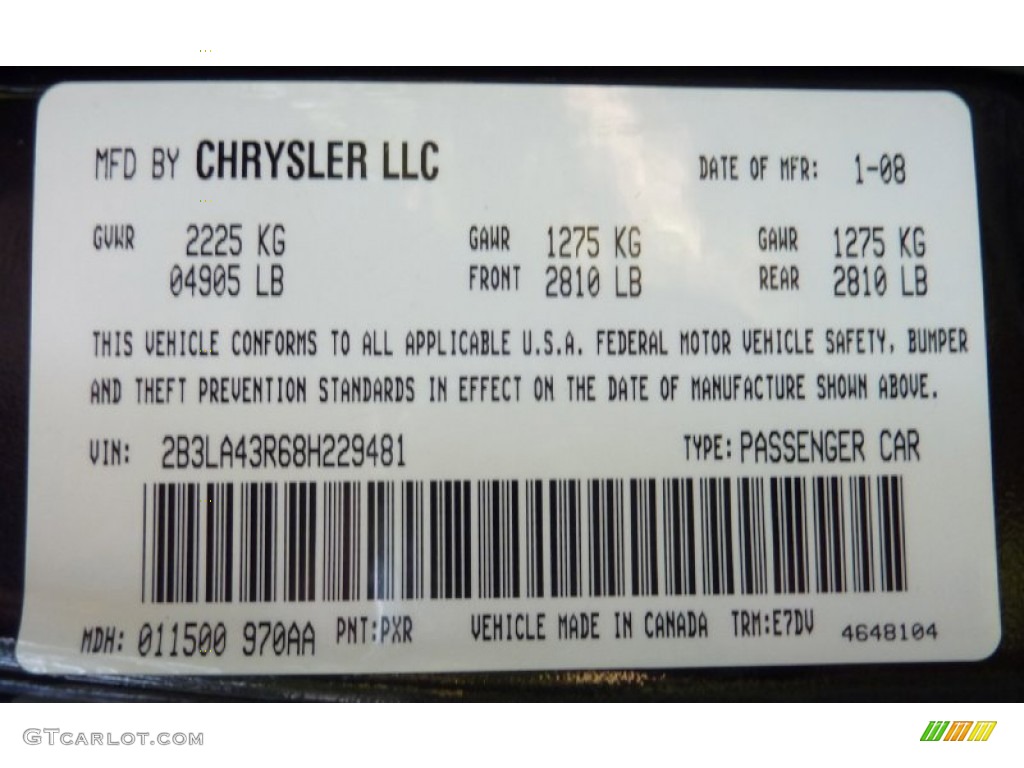 2008 Charger Color Code PXR for Brilliant Black Crystal Pearl Photo #57323578
