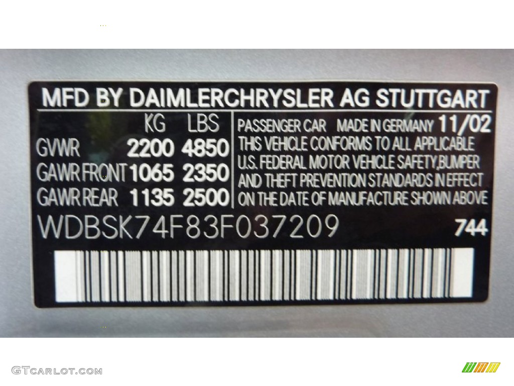 2003 SL Color Code 744 for Brilliant Silver Metallic Photo #57326197