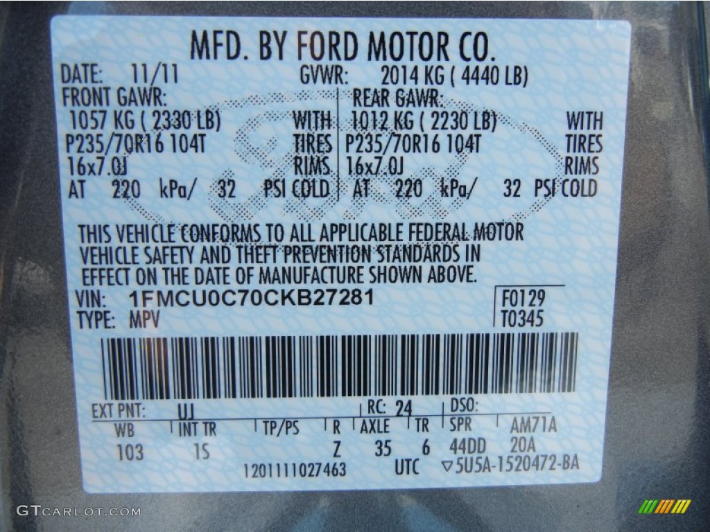2012 Escape Color Code UJ for Sterling Gray Metallic Photo #57331111