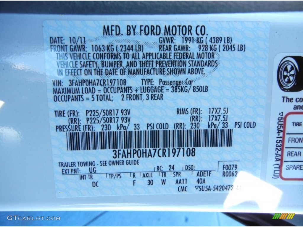 2012 Fusion Color Code UG for White Platinum Tri-Coat Photo #57332722