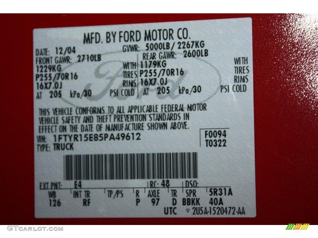 2005 Ranger Color Code E4 for Torch Red Photo #57338998