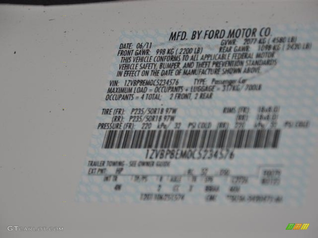 2012 Mustang Color Code HP for Performance White Photo #57364605
