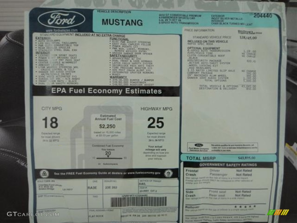 2012 Ford Mustang GT Premium Convertible Window Sticker Photo #57365201