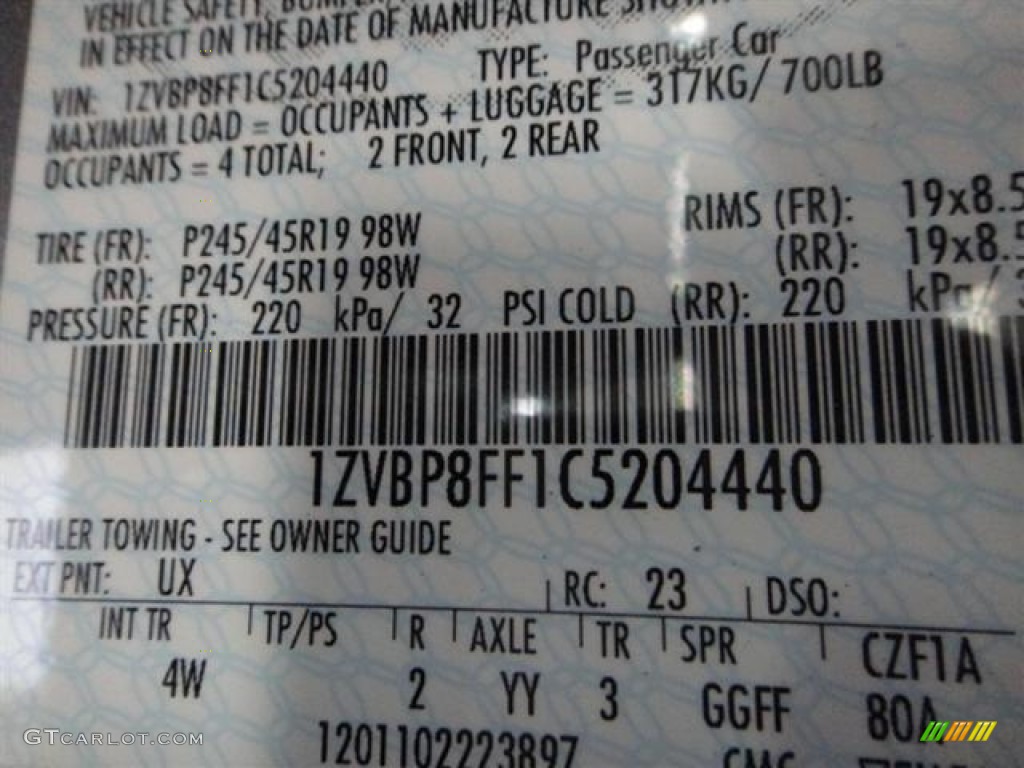 2012 Mustang Color Code UX for Ingot Silver Metallic Photo #57365208