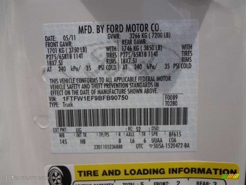 2011 F150 Color Code UG for White Platinum Metallic Tri-Coat Photo #57393125
