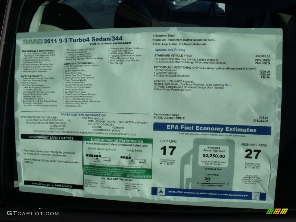 2011 Saab 9-3 2.0T Sport Sedan XWD Window Sticker Photo #57393991