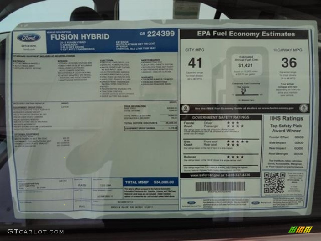 2012 Ford Fusion Hybrid Window Sticker Photo #57395972