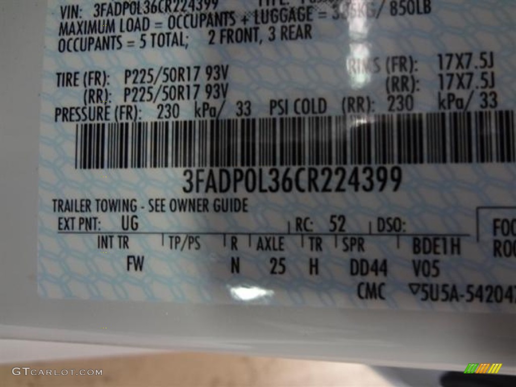 2012 Fusion Color Code UG for White Platinum Tri-Coat Photo #57395981