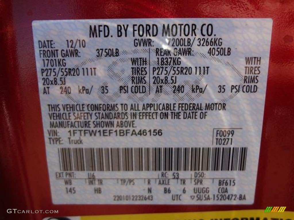 2011 F150 Color Code U6 for Red Candy Metallic Photo #57398900