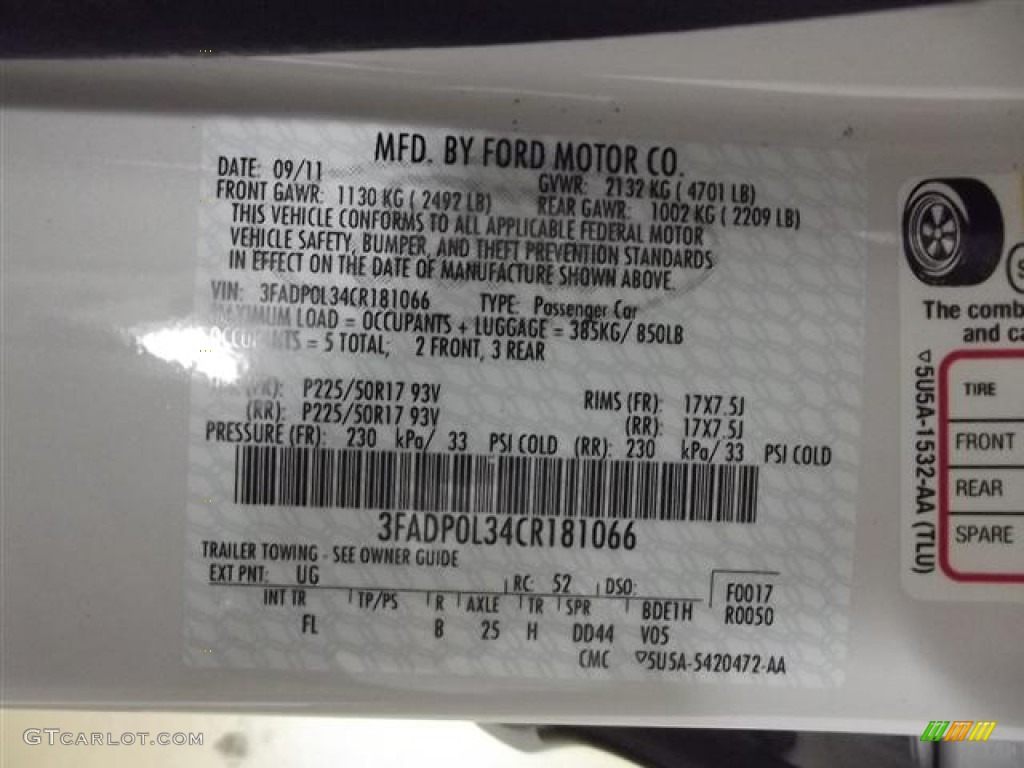 2012 Fusion Color Code UG for White Platinum Tri-Coat Photo #57398951