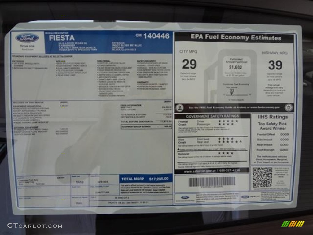 2012 Ford Fiesta SE Sedan Window Sticker Photo #57402962