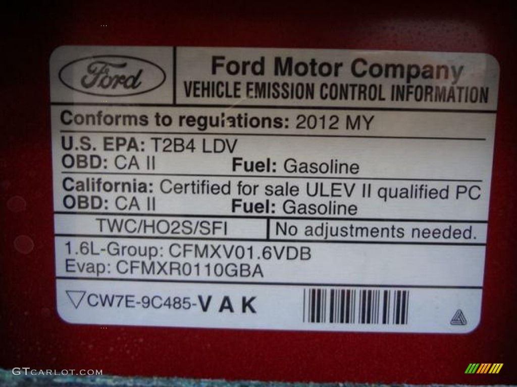 2012 Ford Fiesta SE Hatchback Emission Control Information Photo #57403169