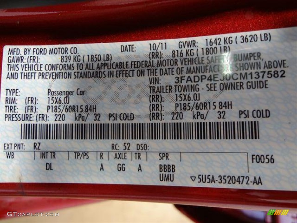 2012 Fiesta Color Code RZ for Red Candy Metallic Photo #57403174