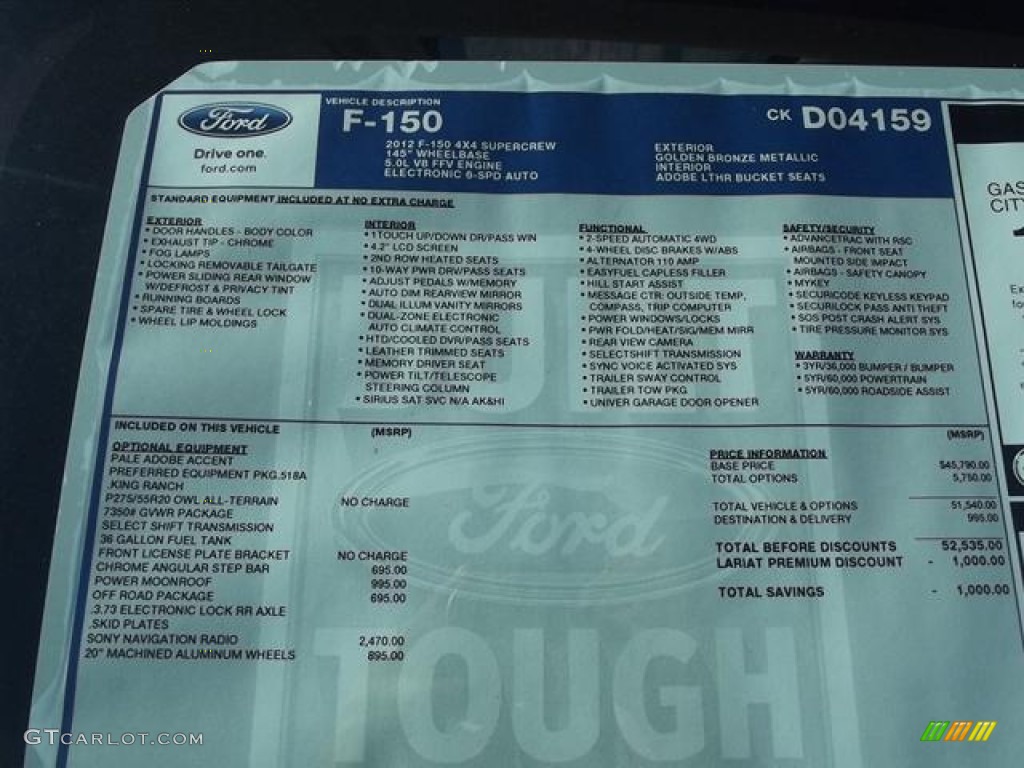 2012 Ford F150 King Ranch SuperCrew 4x4 Window Sticker Photo #57412961