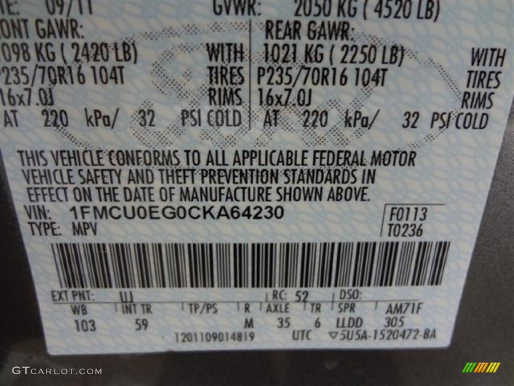 2012 Escape Color Code UJ for Sterling Gray Metallic Photo #57414620