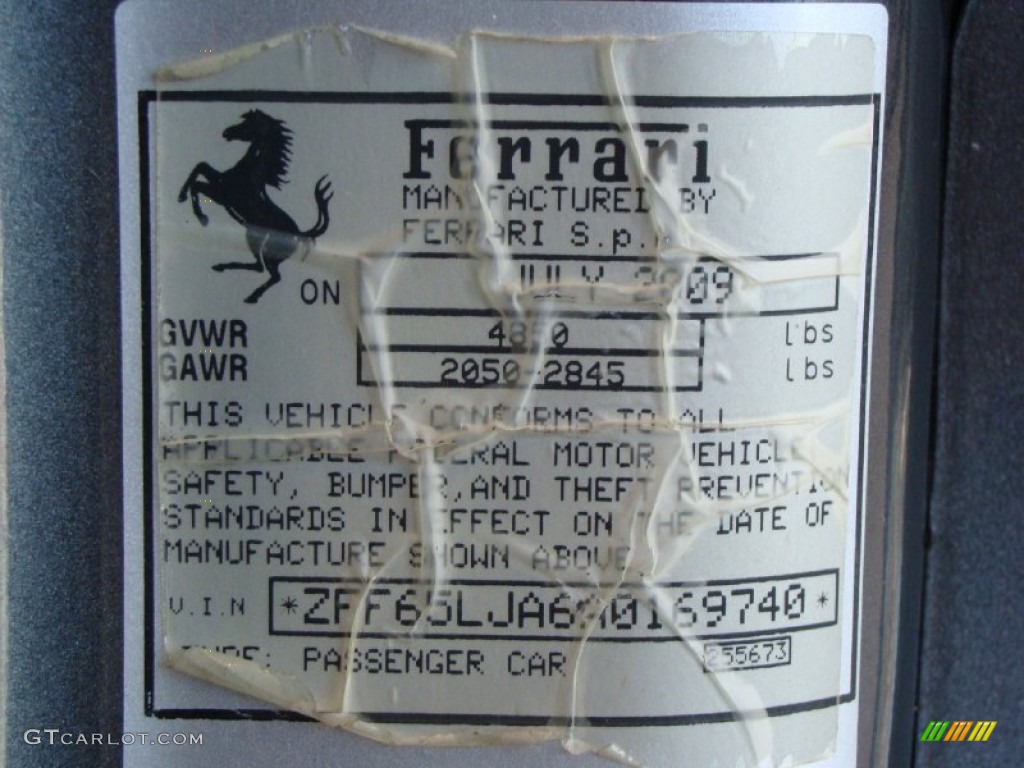 2010 Ferrari California Standard California Model Info Tag Photo #57416666