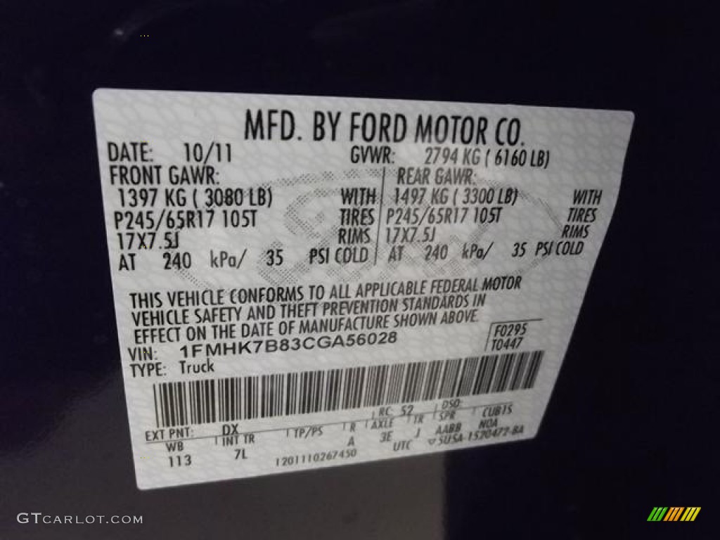 2012 Explorer Color Code DX for Dark Pearl Blue Metallic Photo #57418871