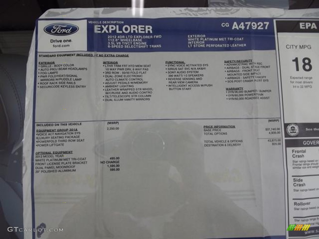 2012 Ford Explorer Limited Window Sticker Photos