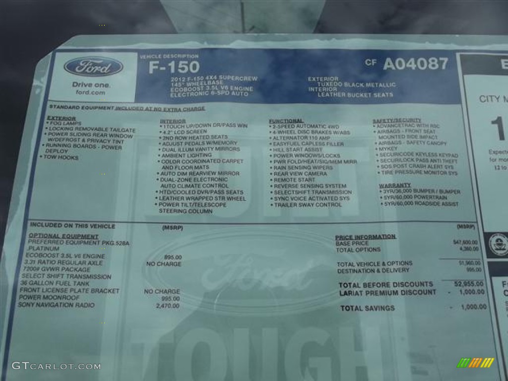 2012 Ford F150 Platinum SuperCrew 4x4 Window Sticker Photo #57423945