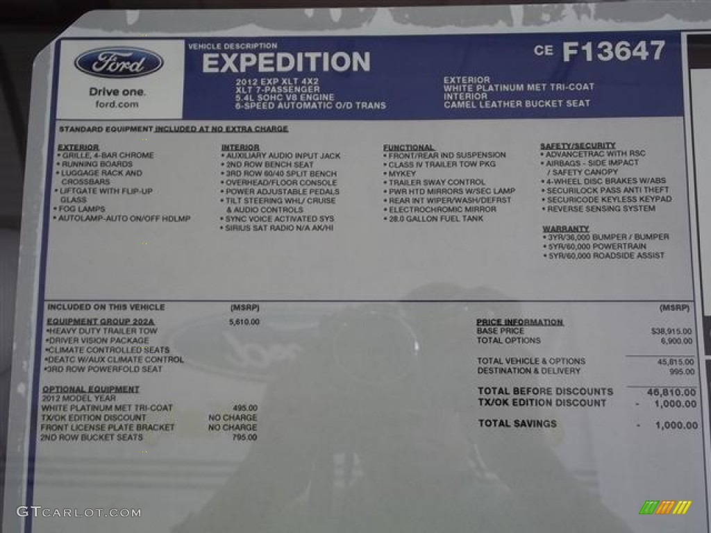 2012 Ford Expedition XLT Window Sticker Photo #57425684