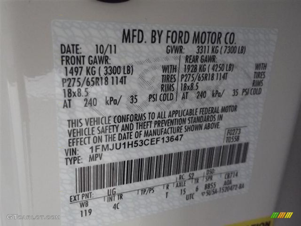2012 Expedition Color Code UG for White Platinum Tri-Coat Photo #57425693