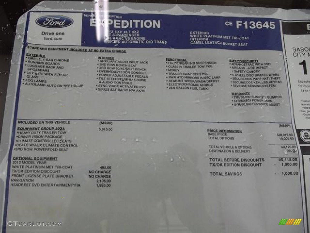 2012 Ford Expedition XLT Window Sticker Photo #57426080