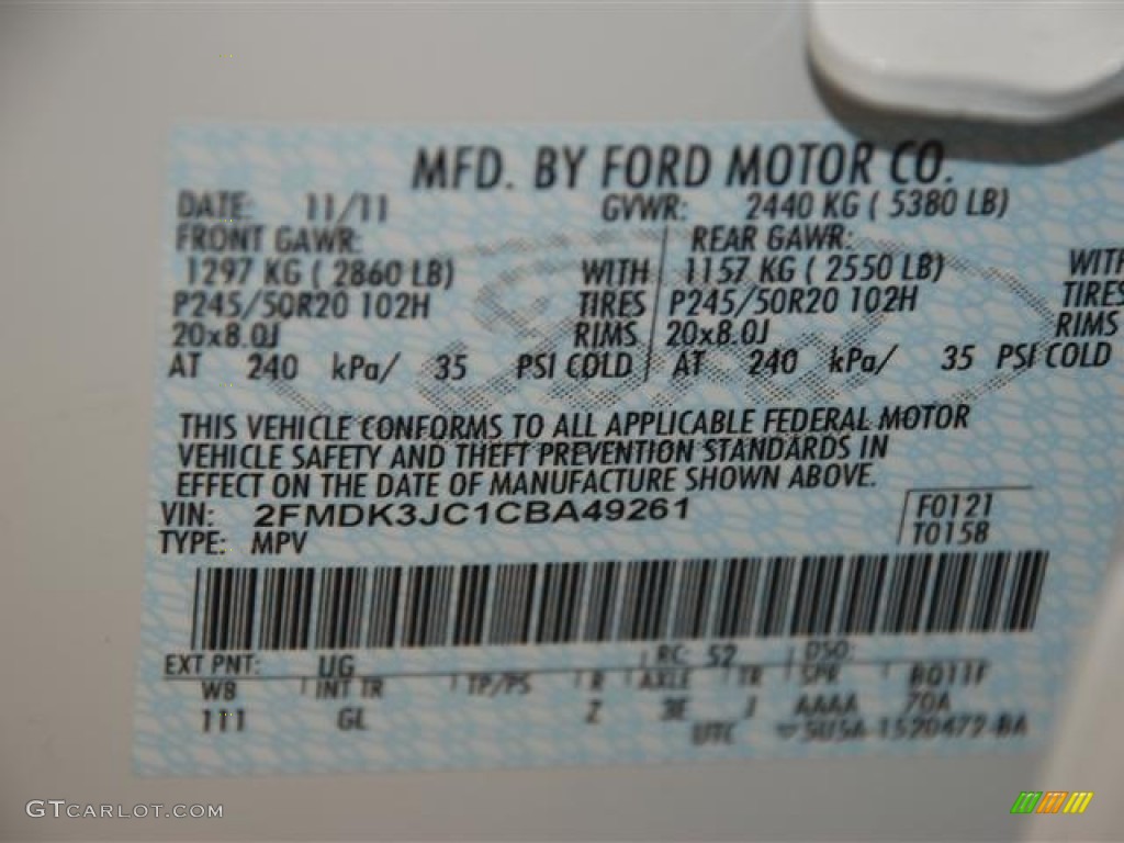 2012 Edge Color Code UG for White Platinum Metallic Tri-Coat Photo #57434975