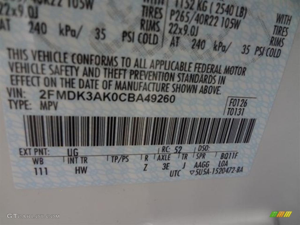 2012 Edge Color Code UG for White Platinum Metallic Tri-Coat Photo #57435209